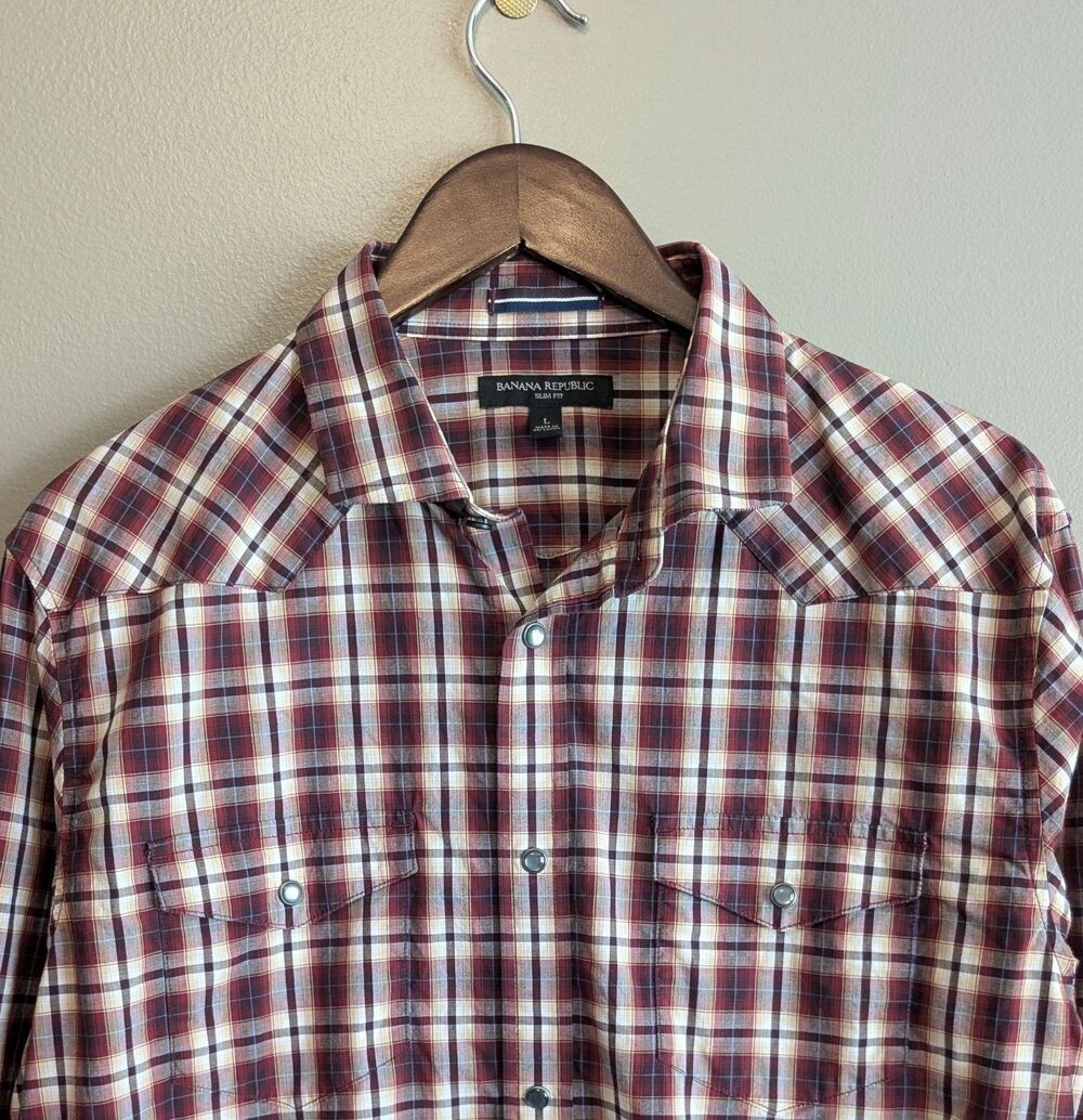Banana Republic Mens Large Slim Fit Western Snap Shirt Red Plaid Long Sleeve